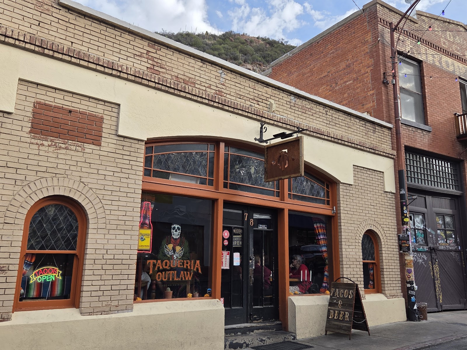 Taqueria Outlaw storefront at 78 Main Street in Bisbee, Arizona